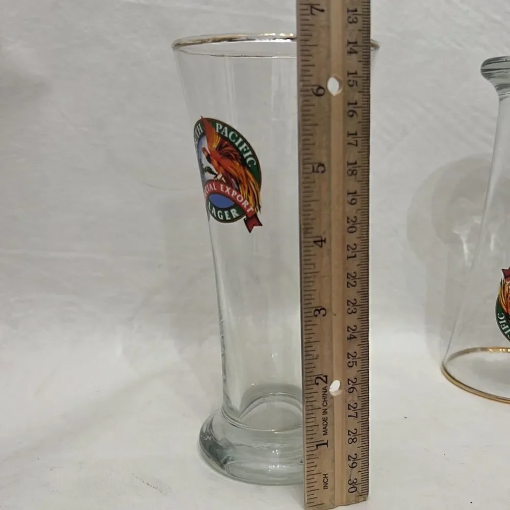 South Pacific Lager Special Export Beer Glasses 12 Oz Each Set 4 Gold Trimmed